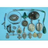 A silver-mounted malachite leaf brooch, three silver lockets, a silver medallion with the Plymouth