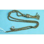 An unmarked yellow metal chain of ribbed belcher links, with plated tassel, 39cm, approximately 7.