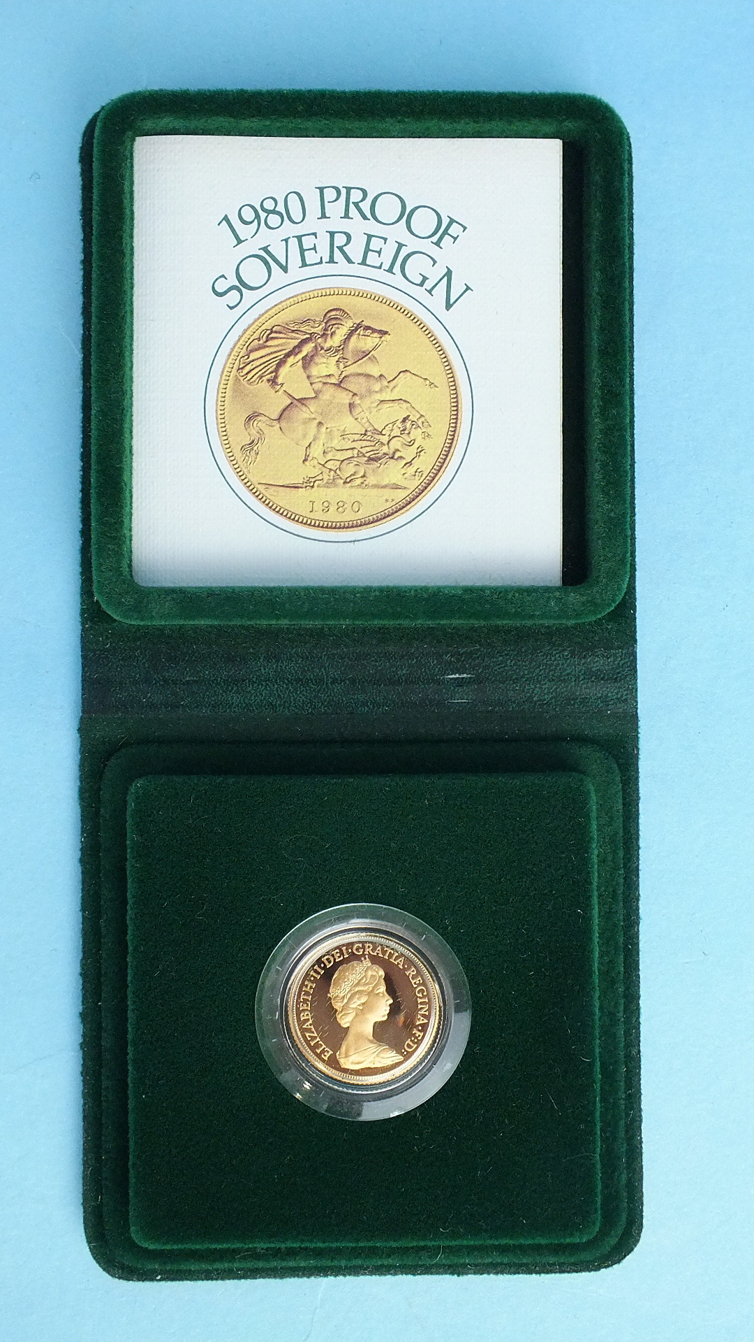 A Royal Mint 1980 proof sovereign, in case.