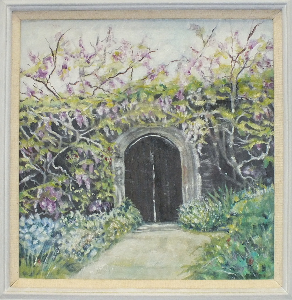 Mary Martin GARDEN GATE AT THE GARDEN HOUSE, CRAPSTONE Signed oil on canvas, 29 x 27cm, together