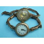 Two ladies 9ct-gold-cased wrist watches on gold expanding bracelets, (2).