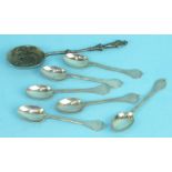 A set of six silver trifid coffee spoons with Plymouth crest, Sheffield 1948, 85mm long and a