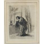 After Zichy, 'Couple embracing in front of window', a framed etching, 20 x 15.5cm.