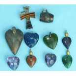 Eight various hardstone heart-shaped pendants, a small serpentine barrel and an agate cross, (10).