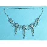 An early-20th century 925 silver necklace of five blue and white enamelled bosses, with filigree