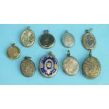 A collection of nine enamelled and engraved lockets, (9).