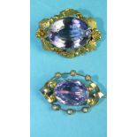 A Victorian brooch set amethyst within border of demi-pearls and another brooch set amethyst, both