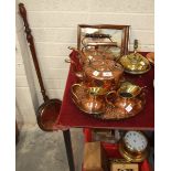 A circular copper kettle with turned wood handle, a warming pan, a watercolour by E Goddard, one