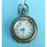 A ladies French 800-silver-cased keyless pocket watch, the back enamelled with a pansy flower