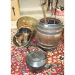 A coopered barrel, 43cm high, a copper coal scuttle and other items.