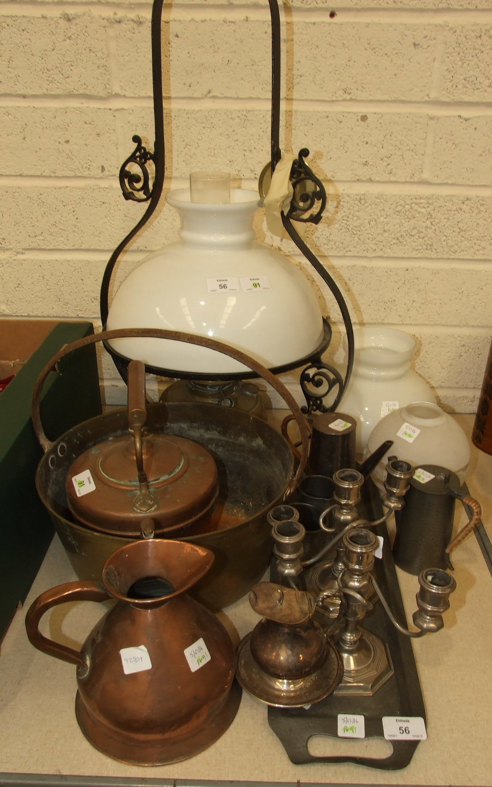 A brass oil lamp on hanging metal fitting, a brass jam pan with metal handle, a copper quart - Image 2 of 2