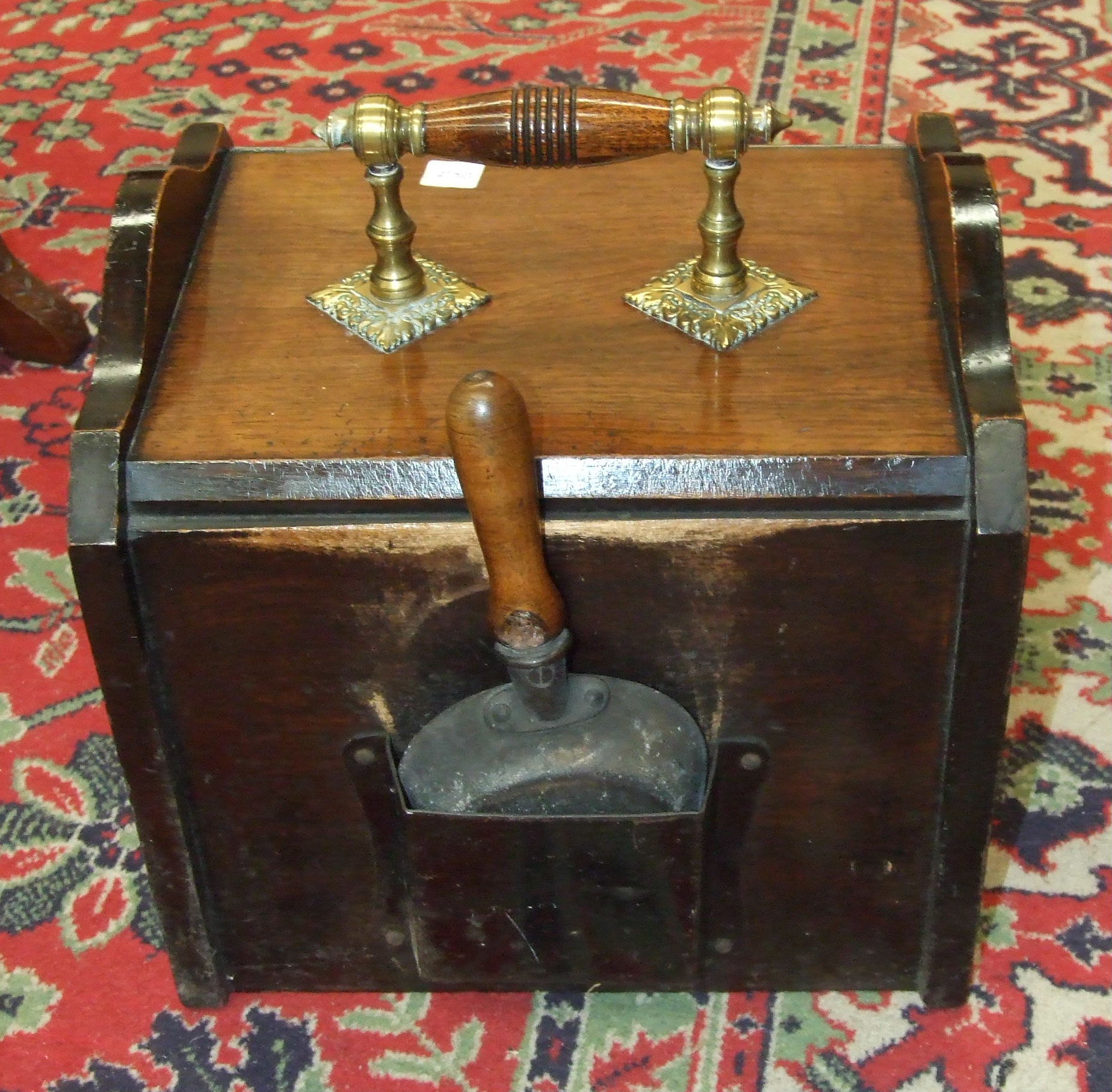 An Edwardian rosewood coal box, the sloping lid with pressed brass panel, complete with liner and - Image 2 of 2