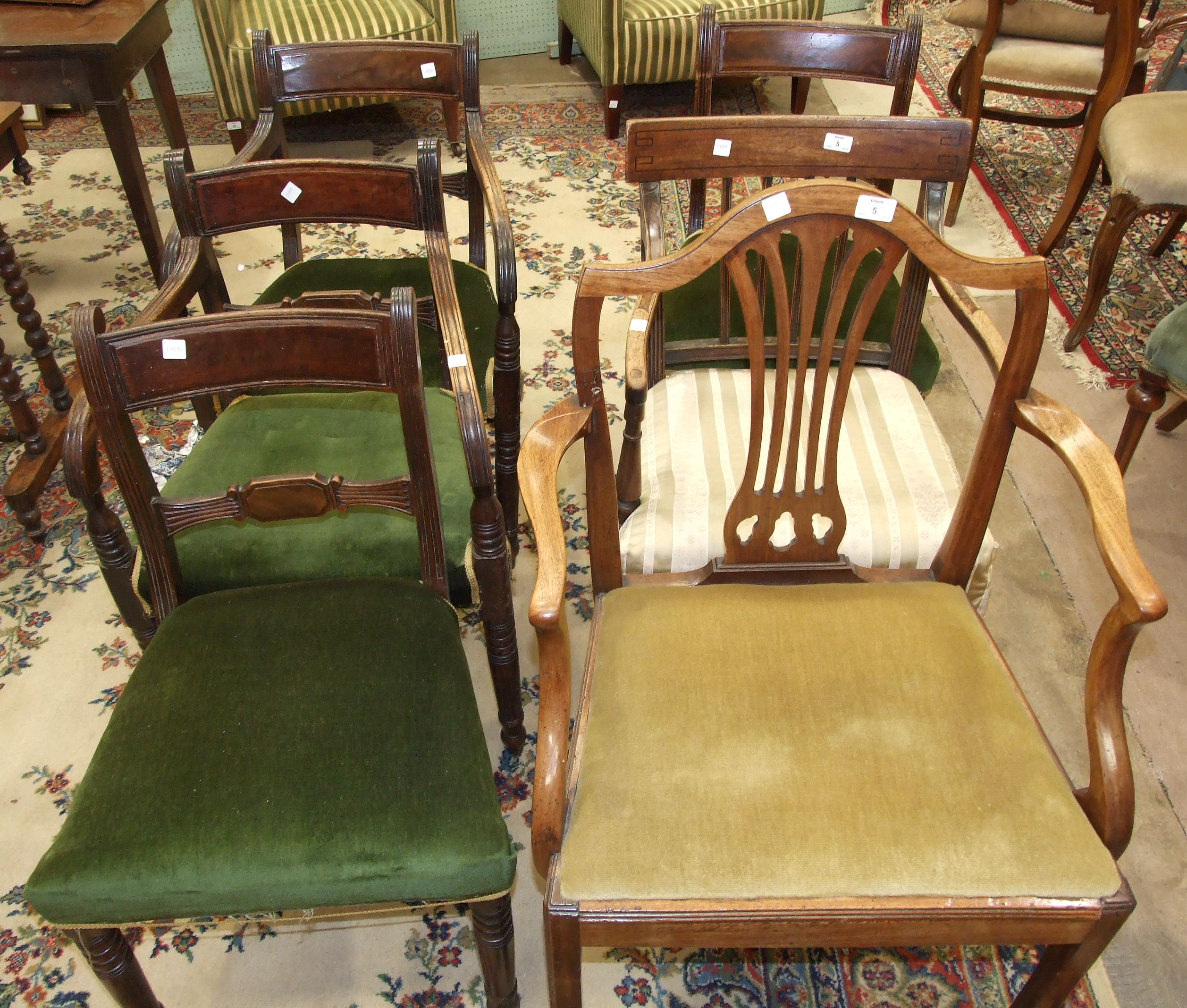 A Hepplewhite-style 19th century mahogany carver chair, a set of four Georgian mahogany dining - Image 2 of 2