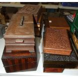 A Victorian hardwood parquetry writing box, 41cm, other wooden boxes, a small quantity of framed
