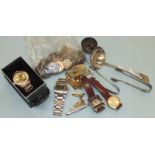 Four gent's wrist watches, a quantity of coins and other items.