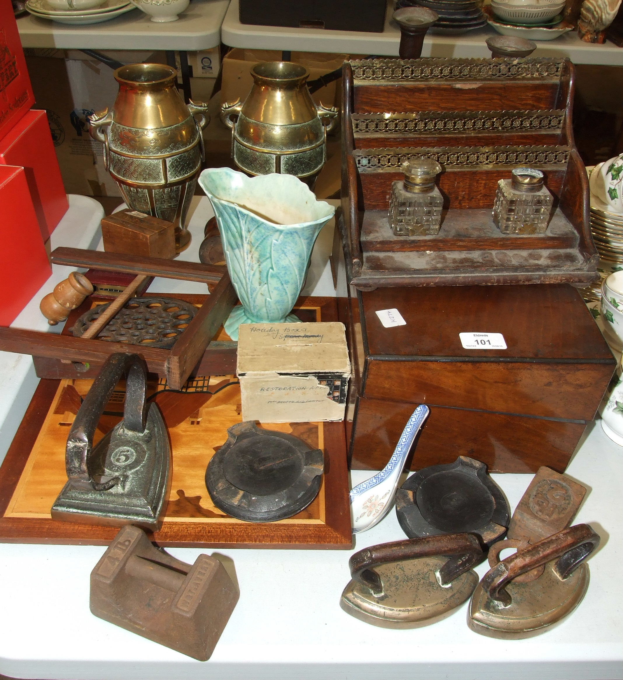 A walnut workbox, an oak stationery stand, a pair of Oriental brass baluster vases and other