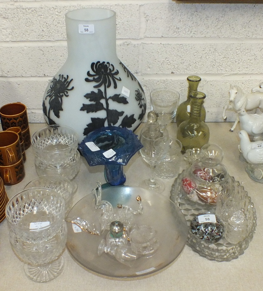 Five cut glass sundae dishes, a modern Daum-style overlay glass vase and other glassware.