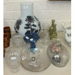 Five cut glass sundae dishes, a modern Daum-style overlay glass vase and other glassware.