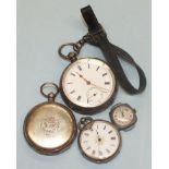 A Victorian silver-cased open-face key-wind pocket watch and three other watches, (a/f).