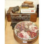 An inlaid walnut work box, 30cm, a walnut writing box, a foot stool, a sawfish rostrum, 35cm long