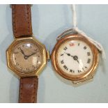 Two 9ct-gold-cased lady's wrist watches and a silver gilt tooth pick, (a/f), (3).
