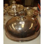 A 19th century plated tureen and cover, a plated food dome, 36cm long, 25cm high, including handle