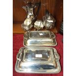 A plated four-piece tea service, a pair of plated entrée dishes and a plated gravy boat, (7).