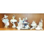 A collection of seven Continental figures, including two Sitzendorf Lace porcelain ballerinas,