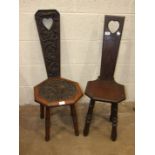 Two oak spinning chairs, one dated '1907', the other carved 'Jubilee 1897' and a walnut brass-