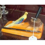 A Carlton Ware desk pen stand decorated with a brown tree stump and a pheasant, on a rectangular