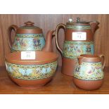 A late-19th century terracotta four-piece tea service decorated with winged beasts and stylised