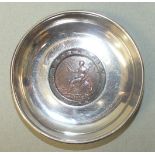 A silver pin tray by Sampson Mordan & Co, of circular form, the base inset a 1797 cartwheel 2d coin,