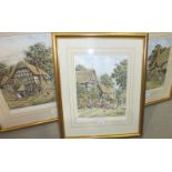 After J L Chapman, 'Figures outside cottage with traction engine approaching', a framed coloured