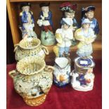 Three reproduction Staffordshire-style jugs, including 'Nelson', 31cm, 'Hearty Goodfellow', 30cm,