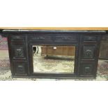 A carved oak overmantel mirror with central plate, 160 x 84cm, (sideboard top) and a late-