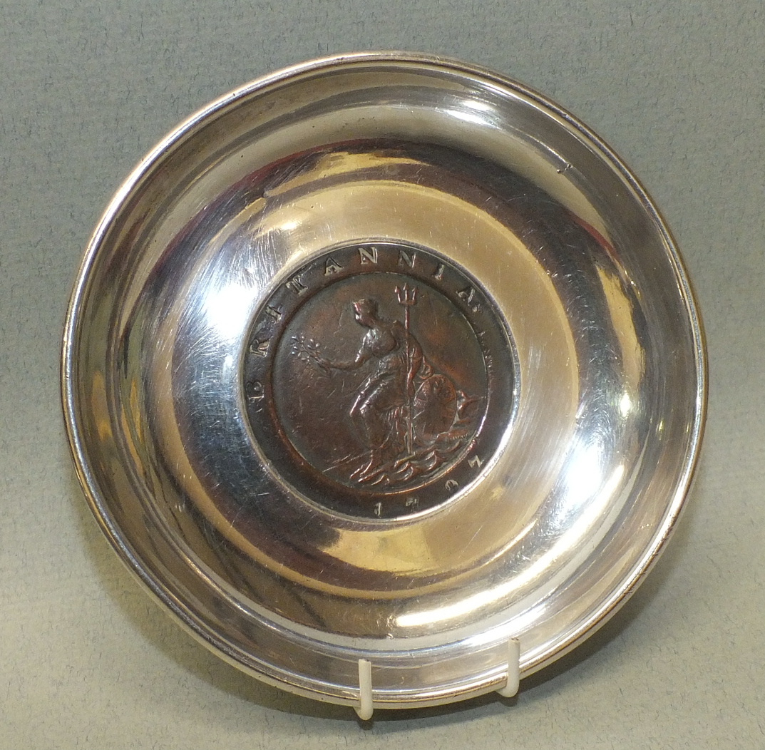 A silver pin tray by Sampson Mordan & Co, of circular form, the base inset a 1797 cartwheel 2d coin, - Image 2 of 3