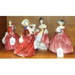 Four Royal Doulton figurines, 'Blithe Morning' HN2065, 19cm, 'Autumn Breezes' HN1934, 20cm, '