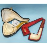 A meerschaum pipe of plain form, in fitted case, marked 'S McL', 15cm and one other, (2).