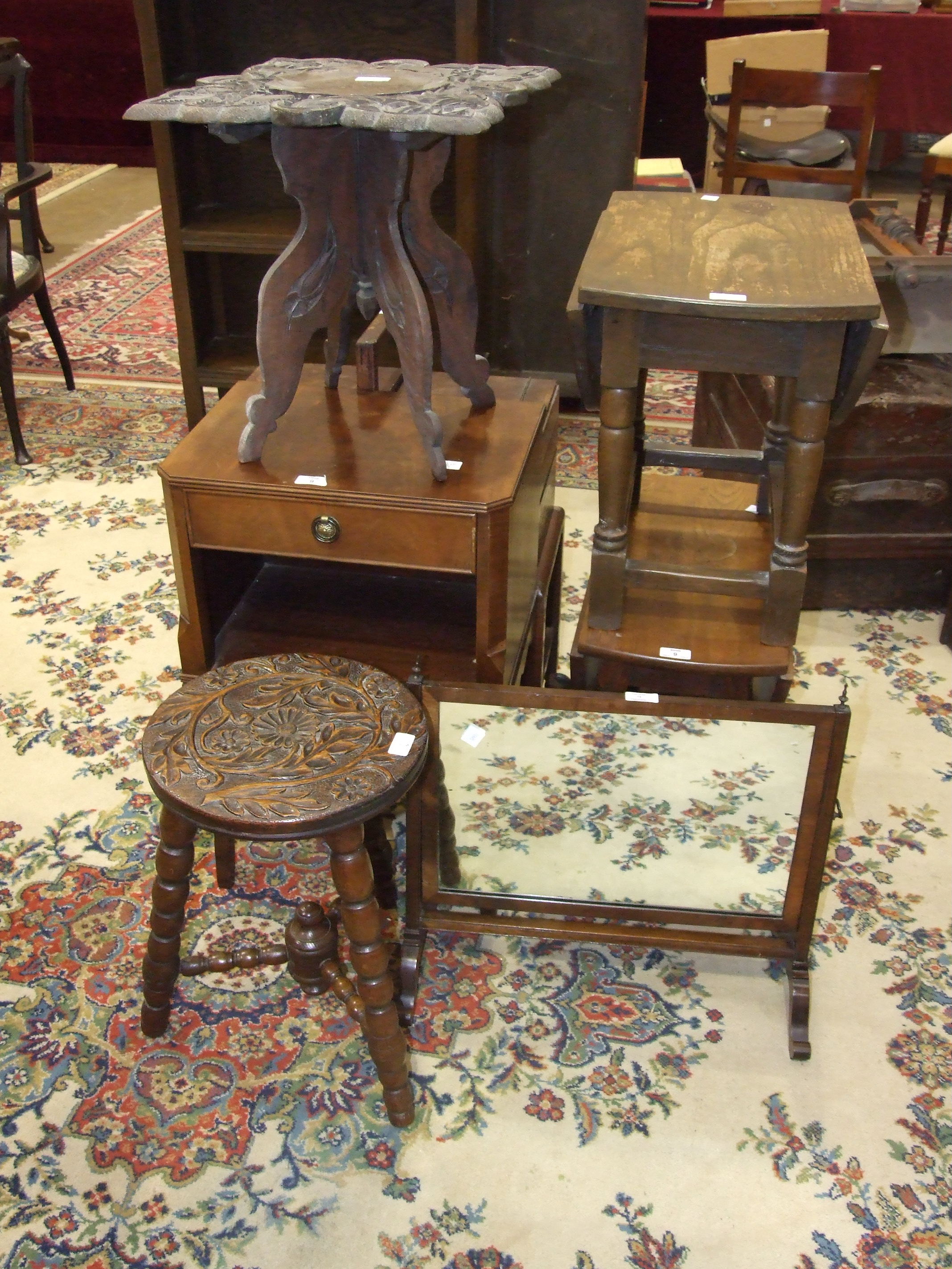 Two small oak drop-leaf occasional tables, an oak sewing box and other items.