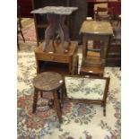 Two small oak drop-leaf occasional tables, an oak sewing box and other items.