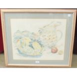 Catriona Stewart, 'Still life - jug with fruit', signed watercolour, 43 x 54cm, two framed prints