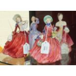 Four Royal Doulton figurines, 'Blithe Morning' HN2021, 19cm, 'Autumn Breezes' HN1934, 20cm, '