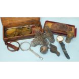 A set of 19th century steel and brass guinea scales, boxed with weights, a silver bell, Birmingham