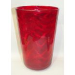 A large Whitefriars red glass tumbler vase of tapered form with wavy ribbed decoration, designed