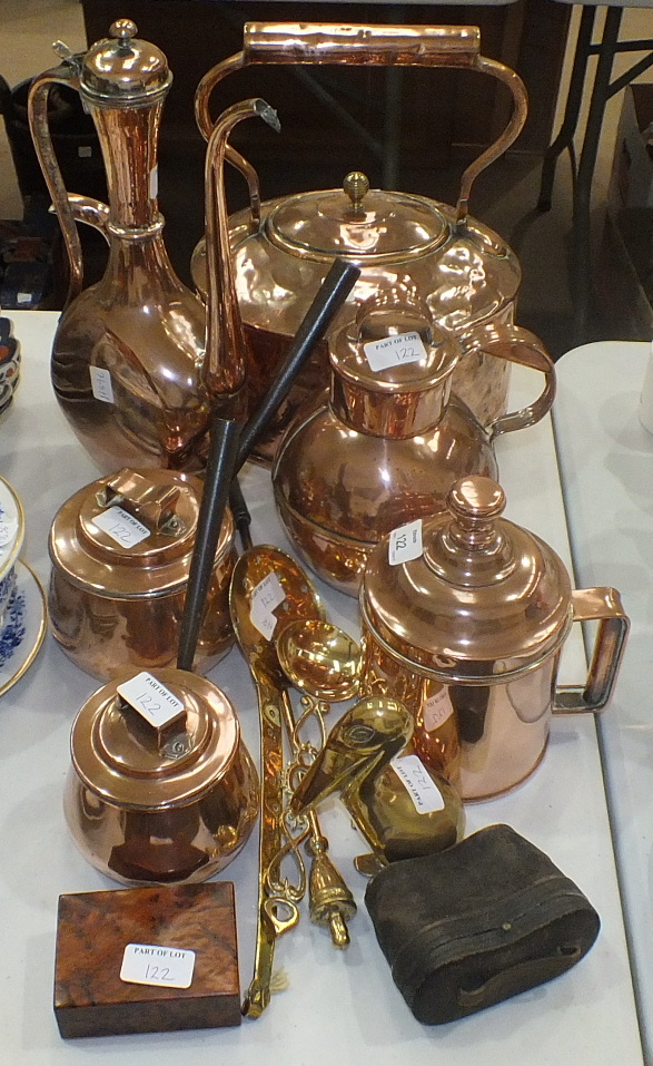 A copper kettle, 35cm high, a copper jug and cover and other copper and metal ware.