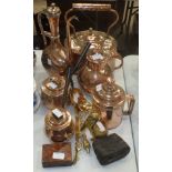A copper kettle, 35cm high, a copper jug and cover and other copper and metal ware.