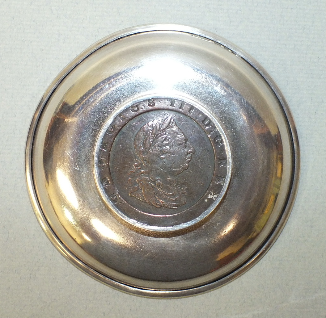 A silver pin tray by Sampson Mordan & Co, of circular form, the base inset a 1797 cartwheel 2d coin, - Image 3 of 3