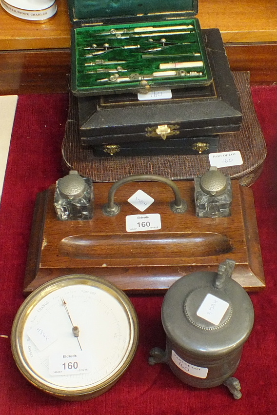 An aneroid barometer with metal loop, (glass a/f), a set of drawing instruments by B J Hall & Co,