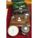 An aneroid barometer with metal loop, (glass a/f), a set of drawing instruments by B J Hall & Co,