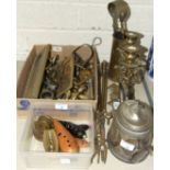 A pair of brass candlesticks, 24.5cm high, various brass door furniture, two pottery ocarinas and